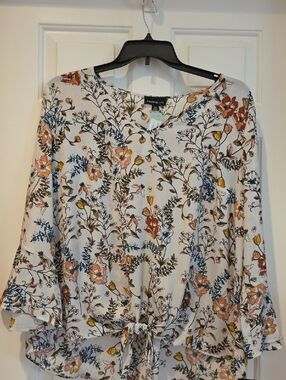 Fortune + Ivy XXL Cream Floral Tie-Front Blouse with Blue and Orange Blooms